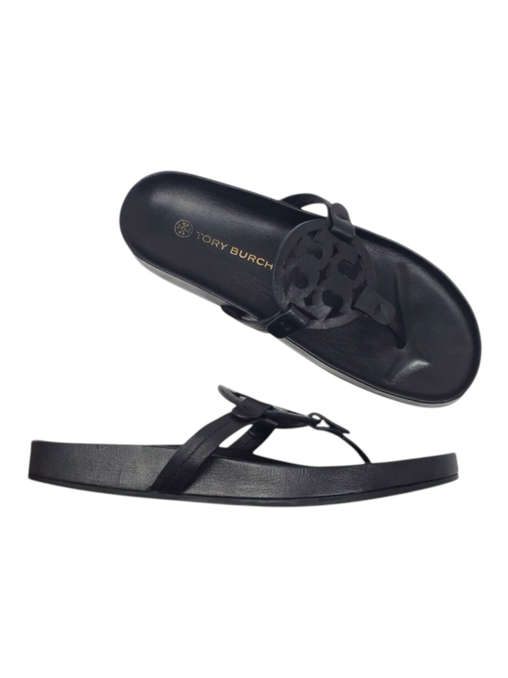 Tory Burch Miller Cloud Thong Sandals Perfect Black Calf Leather Logo Size 9.5 M